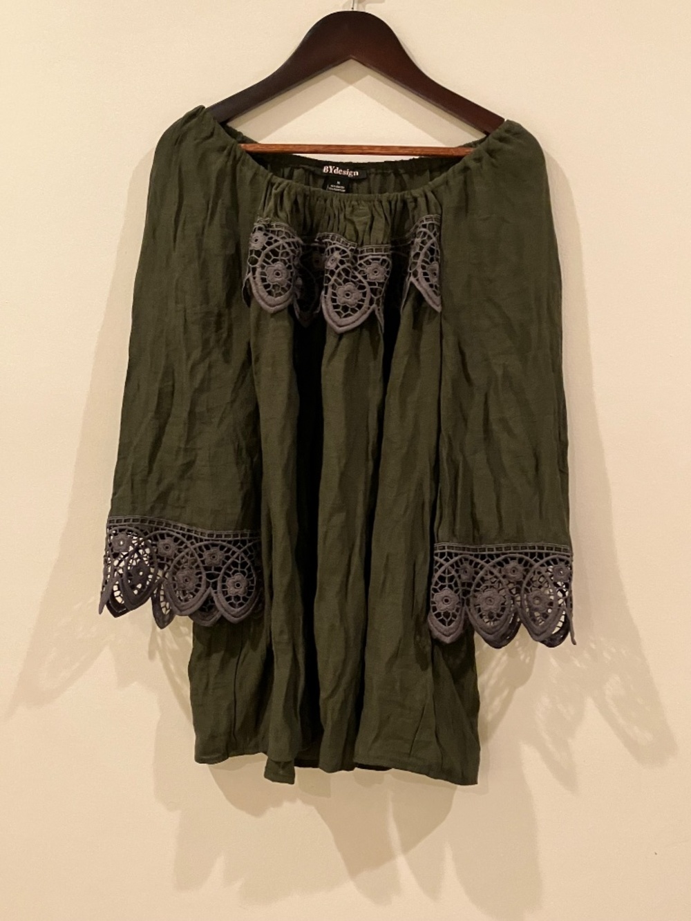 By Design gauzy olive lace trim peasant blouse.